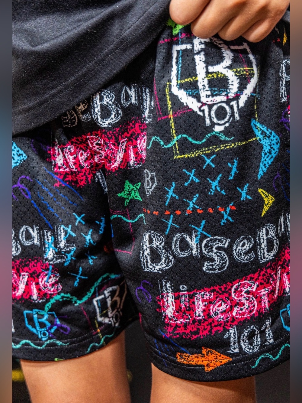 Kids Black Graphic Athletic Shorts with Multicolor Chalk Print - Picture 3 of 7